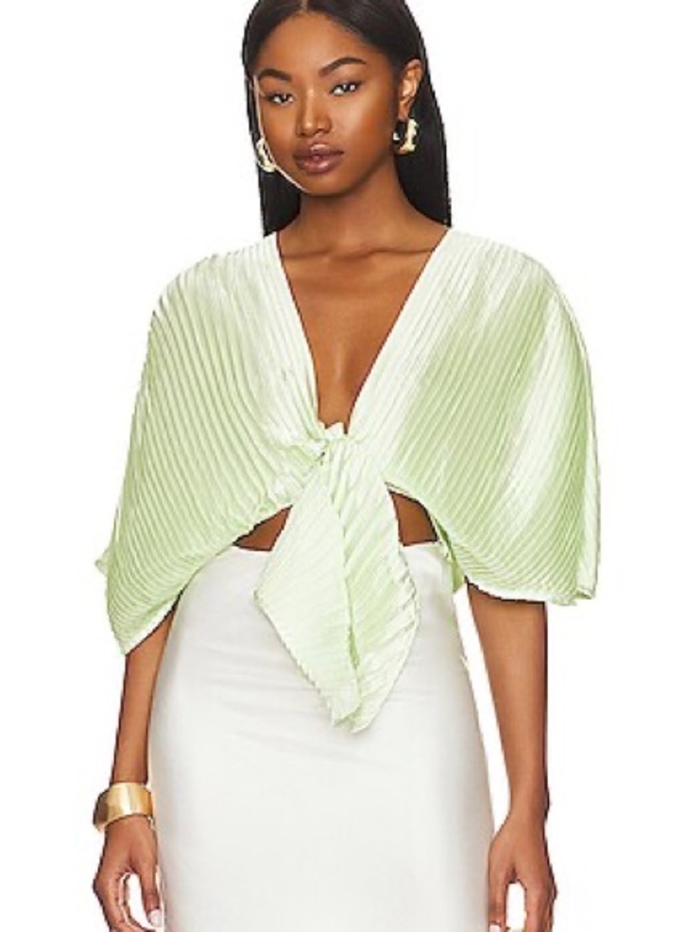 LPA Light Green Pleated Tie-Front Crop Top